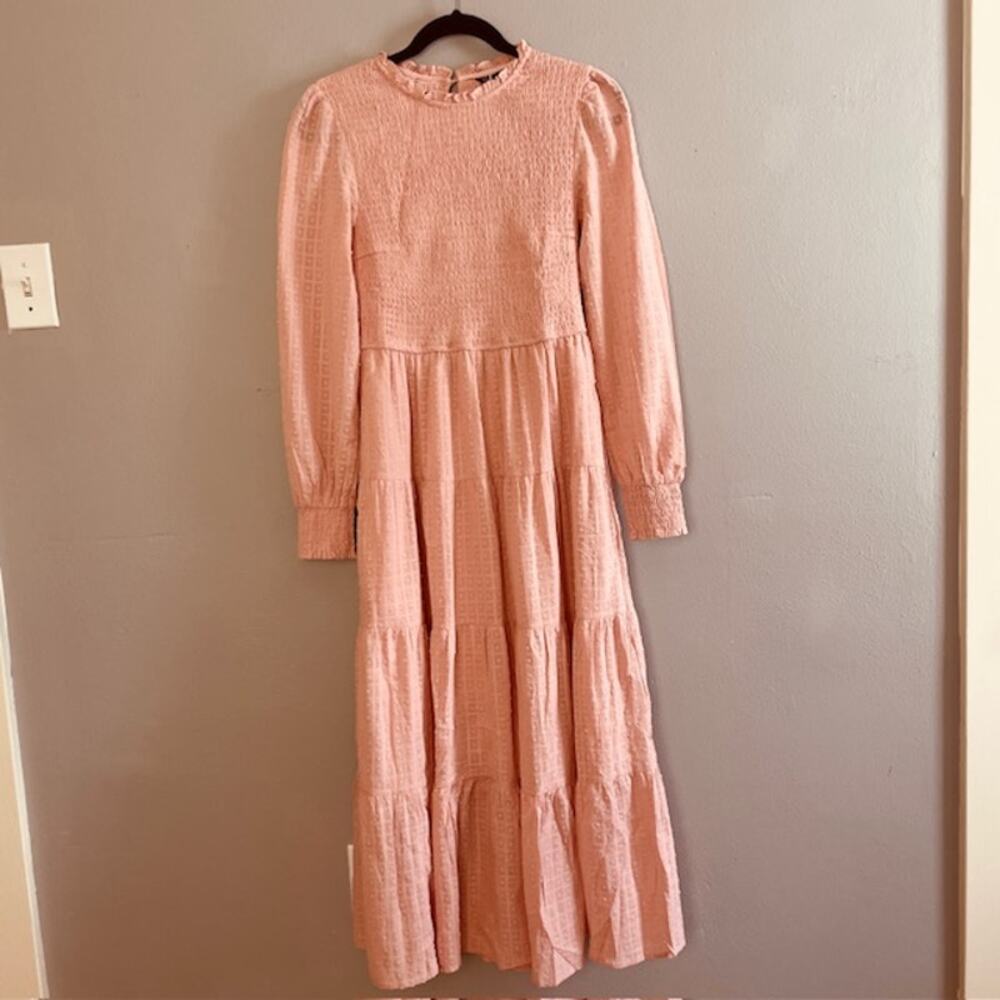 PrettyGarden Womens Pink Swiss Dot Smocked Tiered Midi S Prairie Boho Fairycore